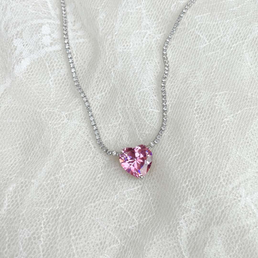 [AuraEcho]8.0 Carat Versatile Colorful Sweet Heart-Shaped Tennis Necklace