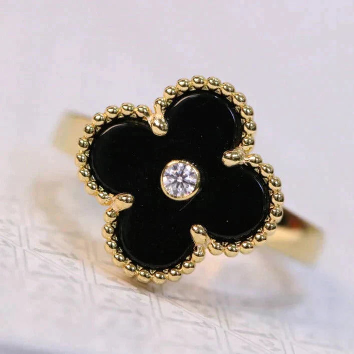 [AuraEcho]CLOVER ONYX RING GOLD DIAMOND