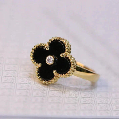 [AuraEcho]CLOVER ONYX RING GOLD DIAMOND