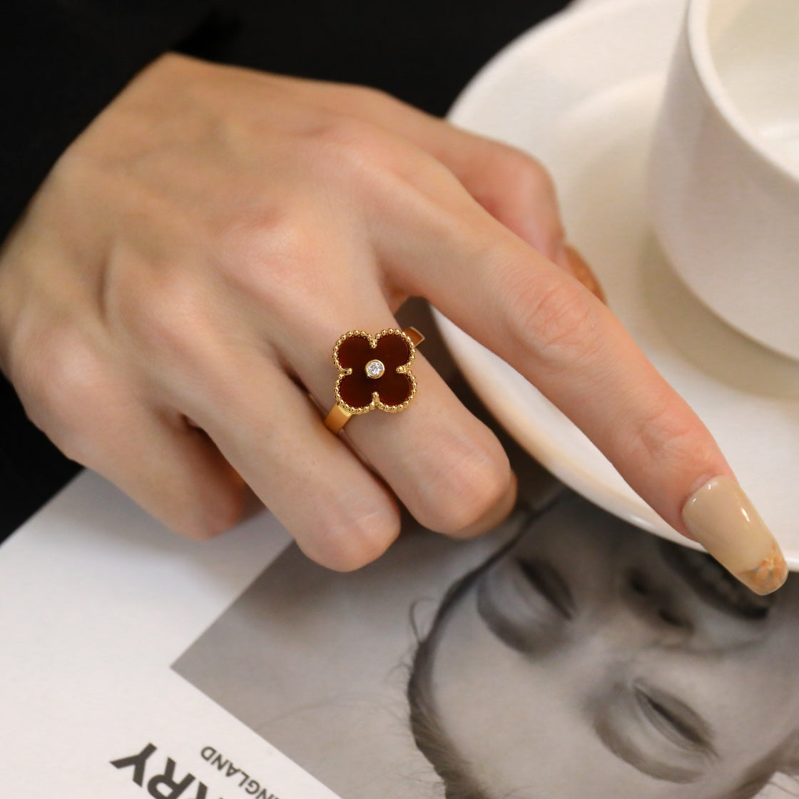 [AuraEcho]CLOVER CARNELIAN RING ROSE GOLD DIAMOND