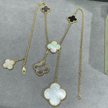 [AuraEcho]CLOVER 6 MOTIF MOP ONYX GOLD NECKLACE