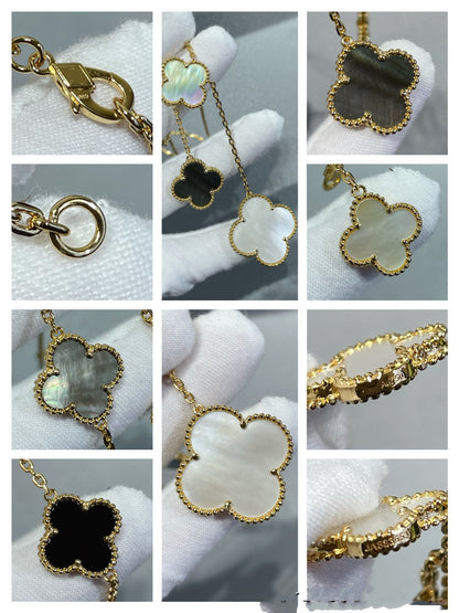 [AuraEcho]CLOVER 6 MOTIF MOP ONYX GOLD NECKLACE