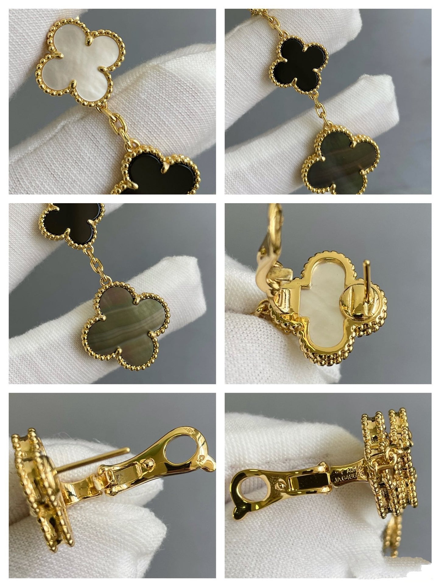 [AuraEcho]CLOVER 3 MOTIF MOP ONYX DARK MOP PINK GOLD EARRINGS