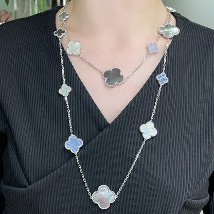 [AuraEcho]CLOVER 16 MOTIF CHALCEDONY MOP SILVER NECKLACE