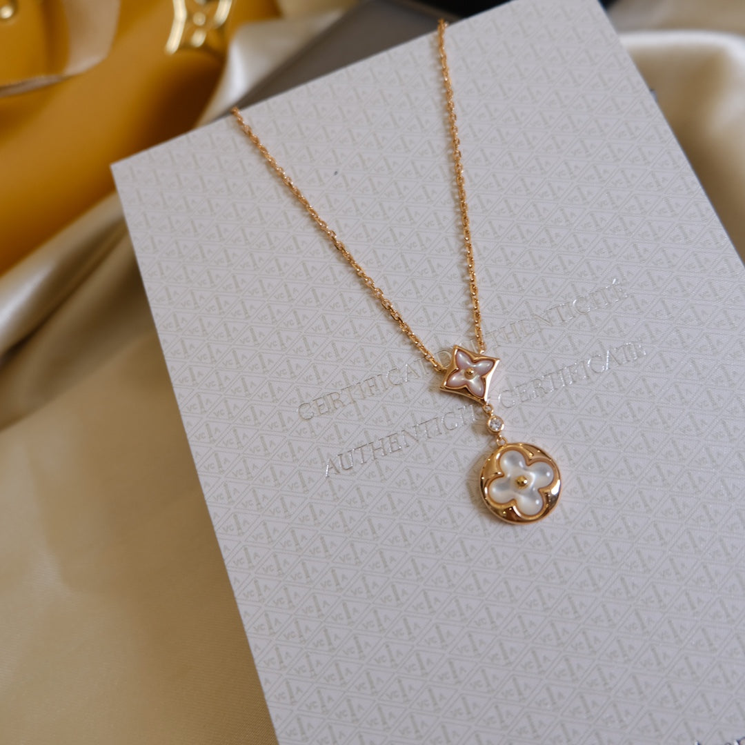 [AuraEcho]STAR AND SUN WHITE MOP 2 MOTIF PINK GOLD NECKLACE