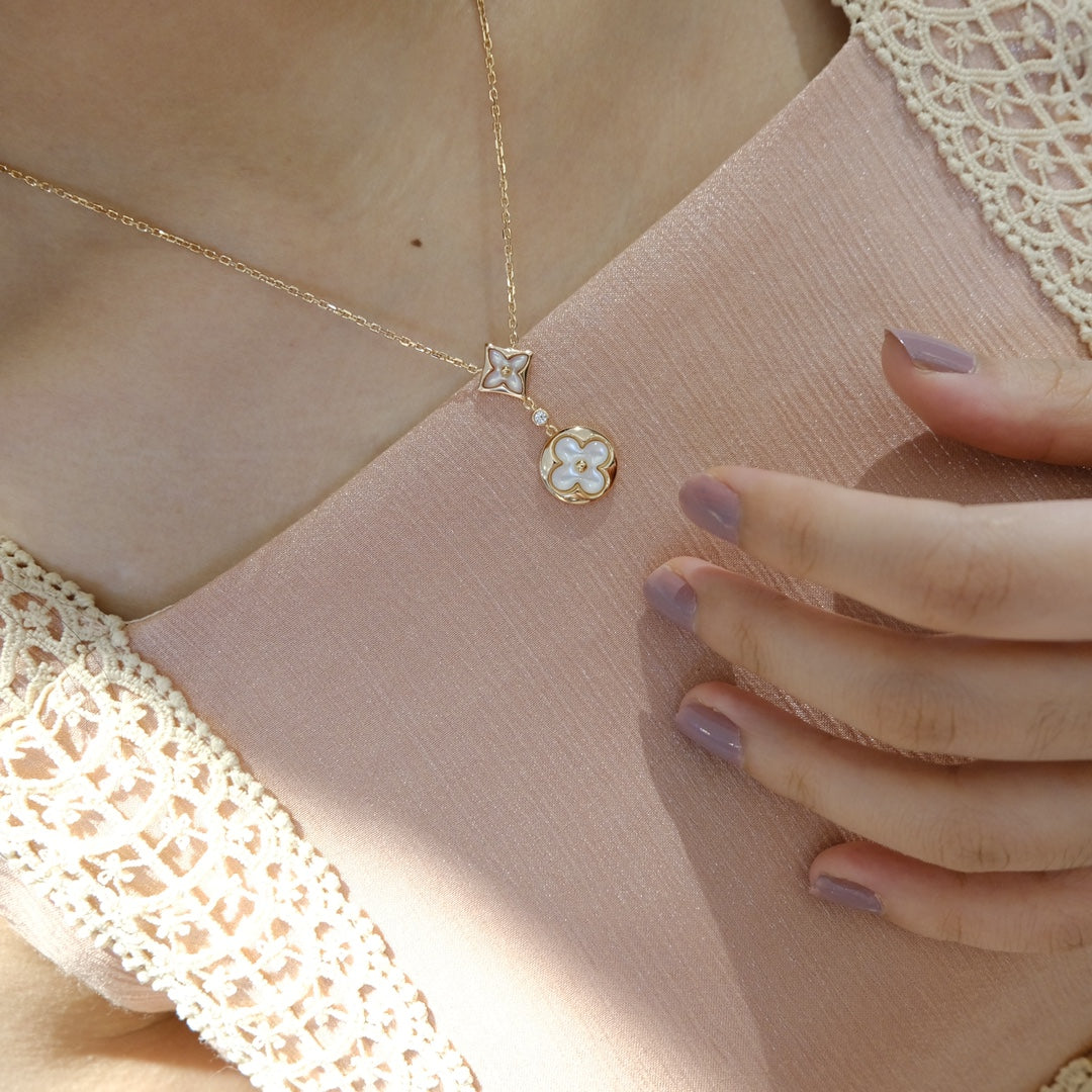 [AuraEcho]STAR AND SUN WHITE MOP 2 MOTIF PINK GOLD NECKLACE