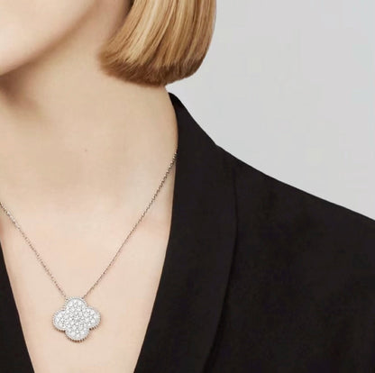 [AuraEcho]CLOVER 25MM LARGE PENDANT DIAMOND PAVED SILVER NECKLACE