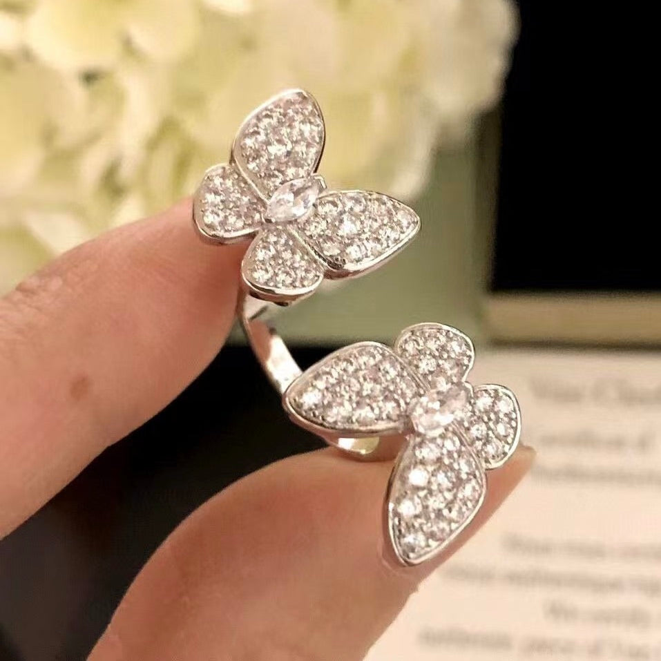 [AuraEcho]TWIN SILVER BUTTERFLY DIAMOND RING