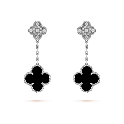 [AuraEcho]CLOVER 2 MOTIFS  DIAMOND ONYX EARRINGS SILVER