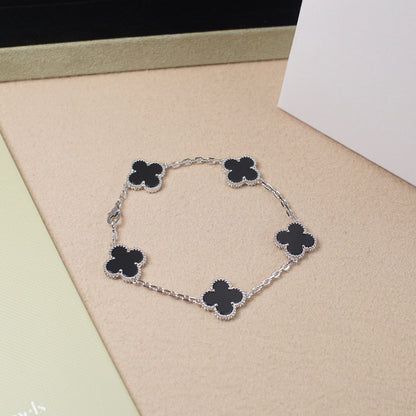 [AuraEcho]CLOVER 5 MOTIF ONYXS  BRACELET SILVER