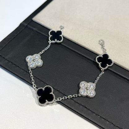 [AuraEcho]CLOVER 5 MOTIF ONYXS DIAMOND BRACELET SILVER