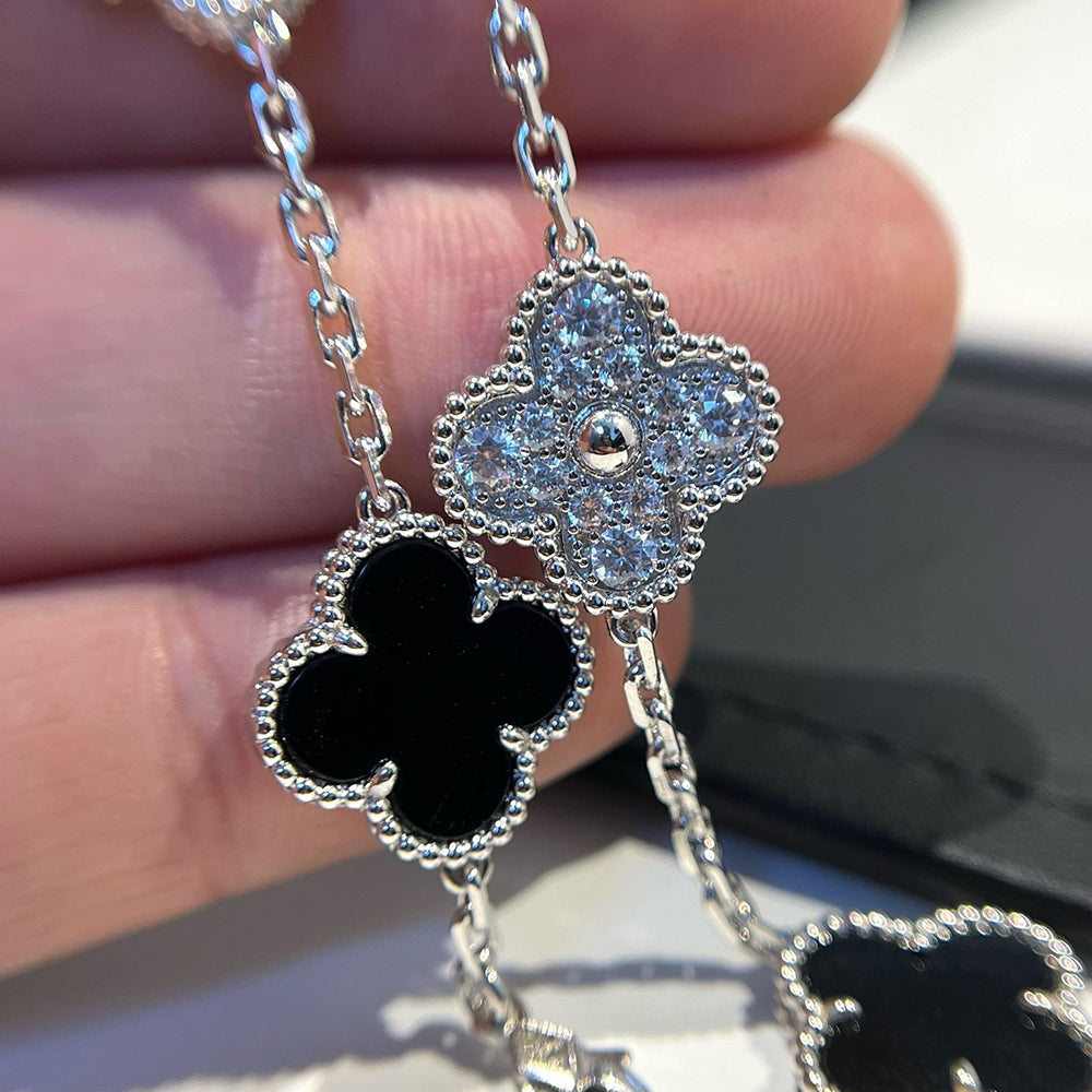 [AuraEcho]CLOVER 5 MOTIF ONYXS DIAMOND BRACELET SILVER