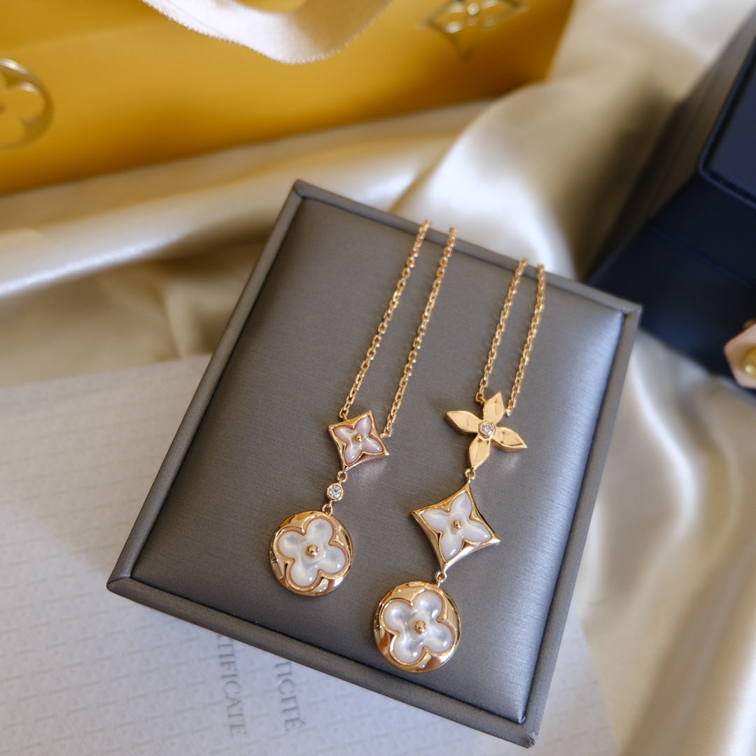 [AuraEcho]COLOR BLOSSOM LARIAT NECKLACE PINK GOLD WHITE MOTHER PEARL AND DIAMOND