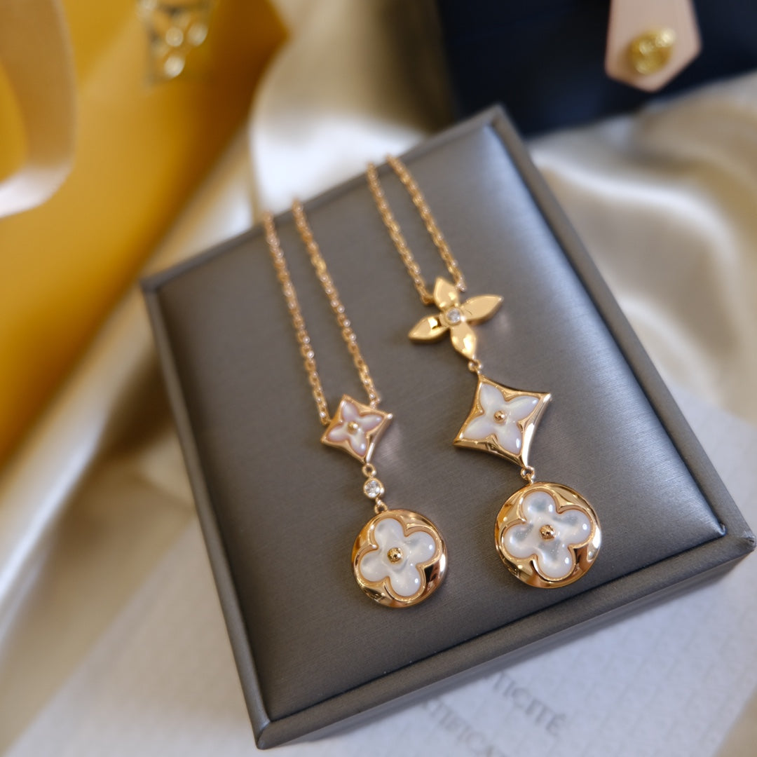 [AuraEcho]COLOR BLOSSOM LARIAT NECKLACE PINK GOLD WHITE MOTHER PEARL AND DIAMOND