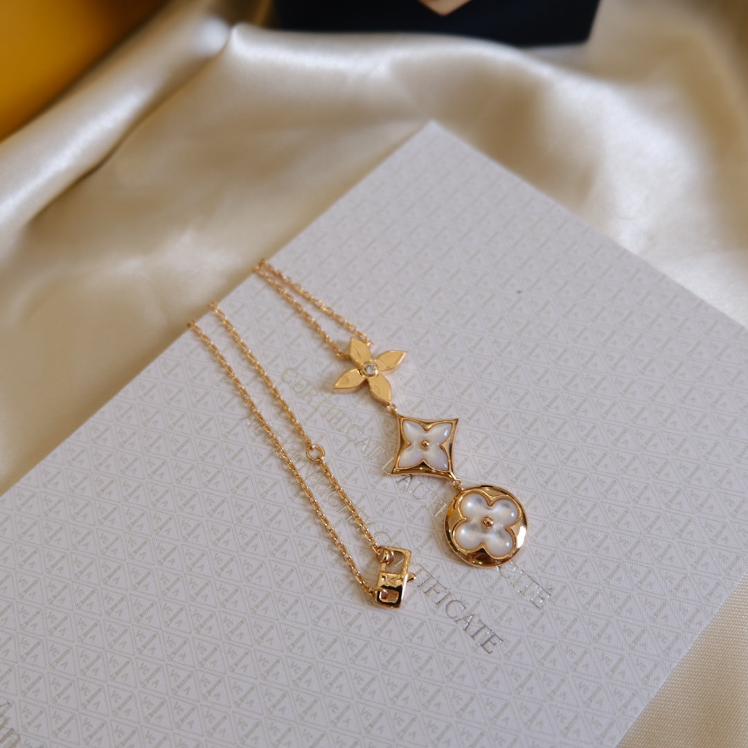 [AuraEcho]COLOR BLOSSOM LARIAT NECKLACE PINK GOLD WHITE MOTHER PEARL AND DIAMOND