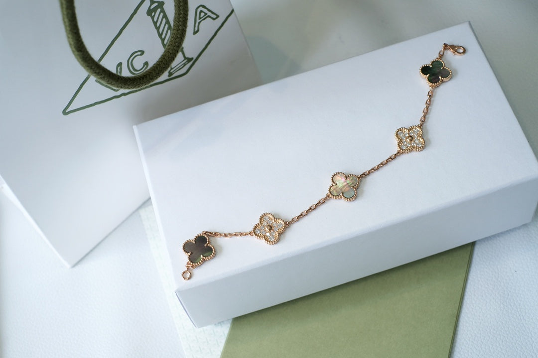 [AuraEcho]CLOVER 5 MOTIFS DARK MOP AND DIAMONDS PINK GOLD BRACELET