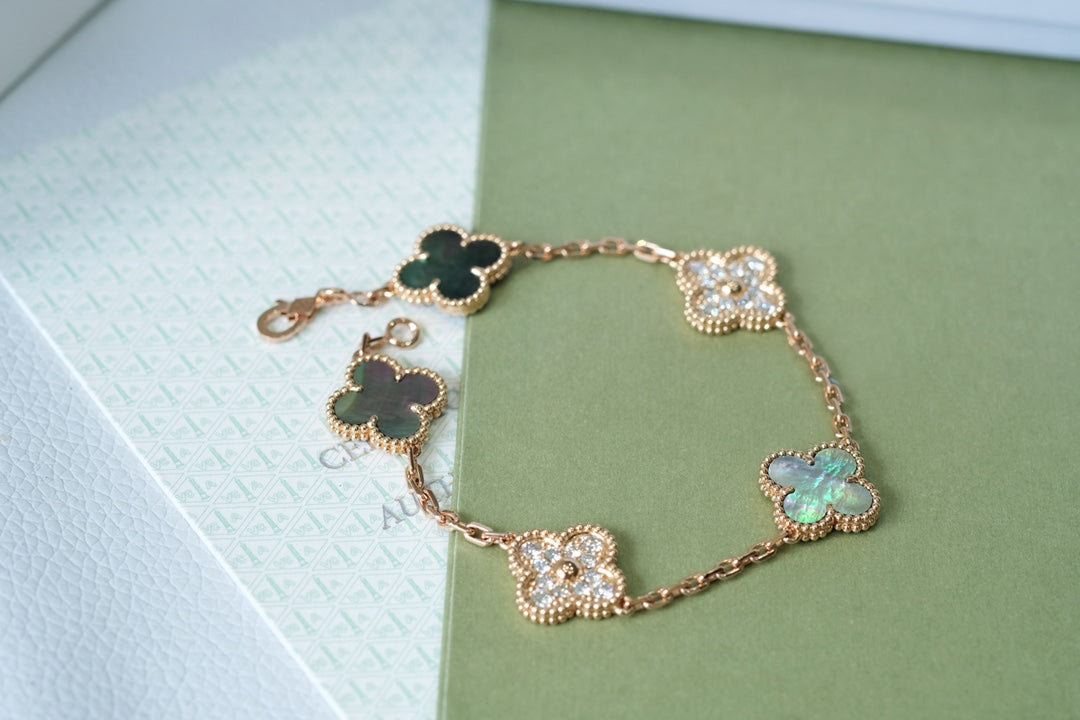 [AuraEcho]CLOVER 5 MOTIFS DARK MOP AND DIAMONDS PINK GOLD BRACELET